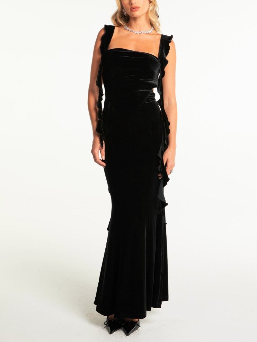 Nana Jacqueline Caroline Black Velvet Ruffle-Strap Mermaid Gown